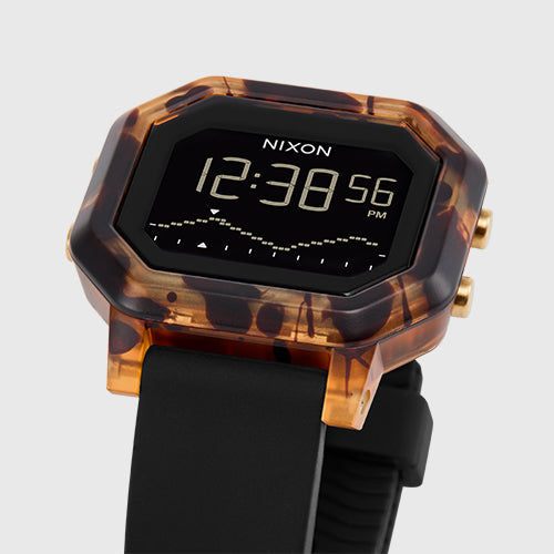 Digital Nixon Siren with tortoiseshell case and black strap on a light gray background