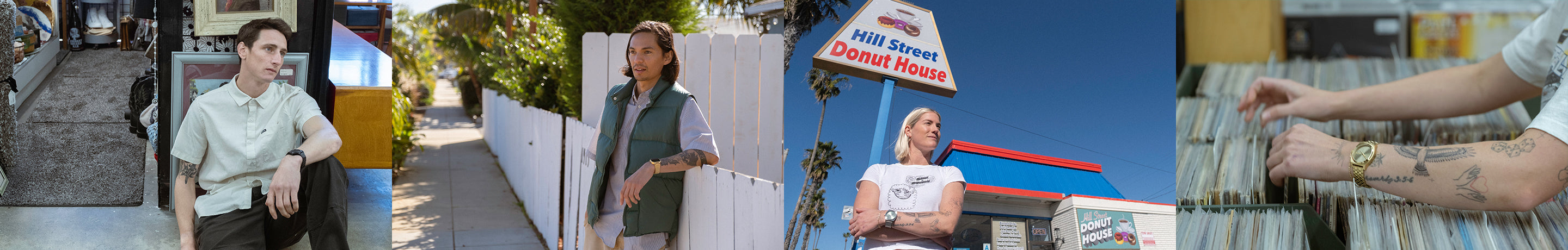 Collage of diverse scenes: a man in a vintage shop, a man by a picket fence, a woman at a donut shop, and hands browsing vinyl records.
